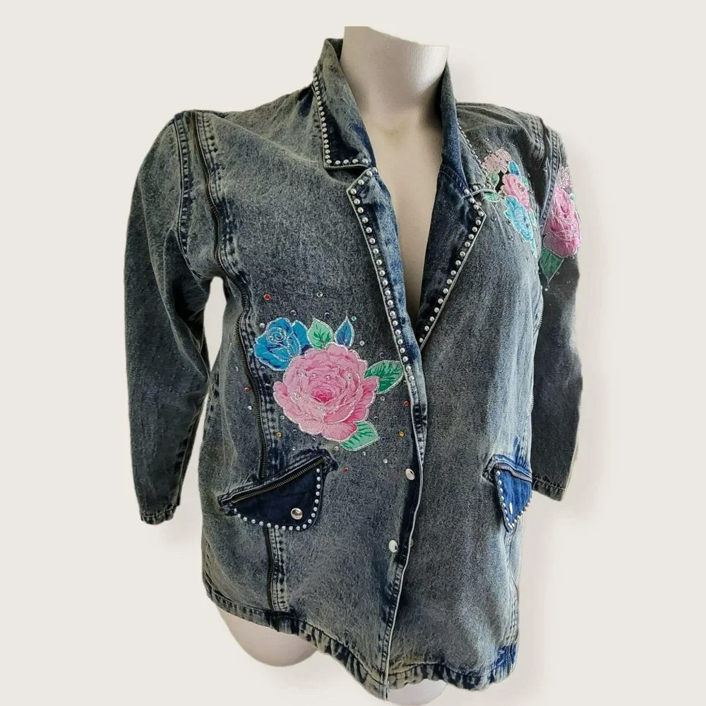 Vintage Embroidered Long Denim Jacket Blazer Zip Accent Woman's Size XL LH8009 - Picture 2 of 14
